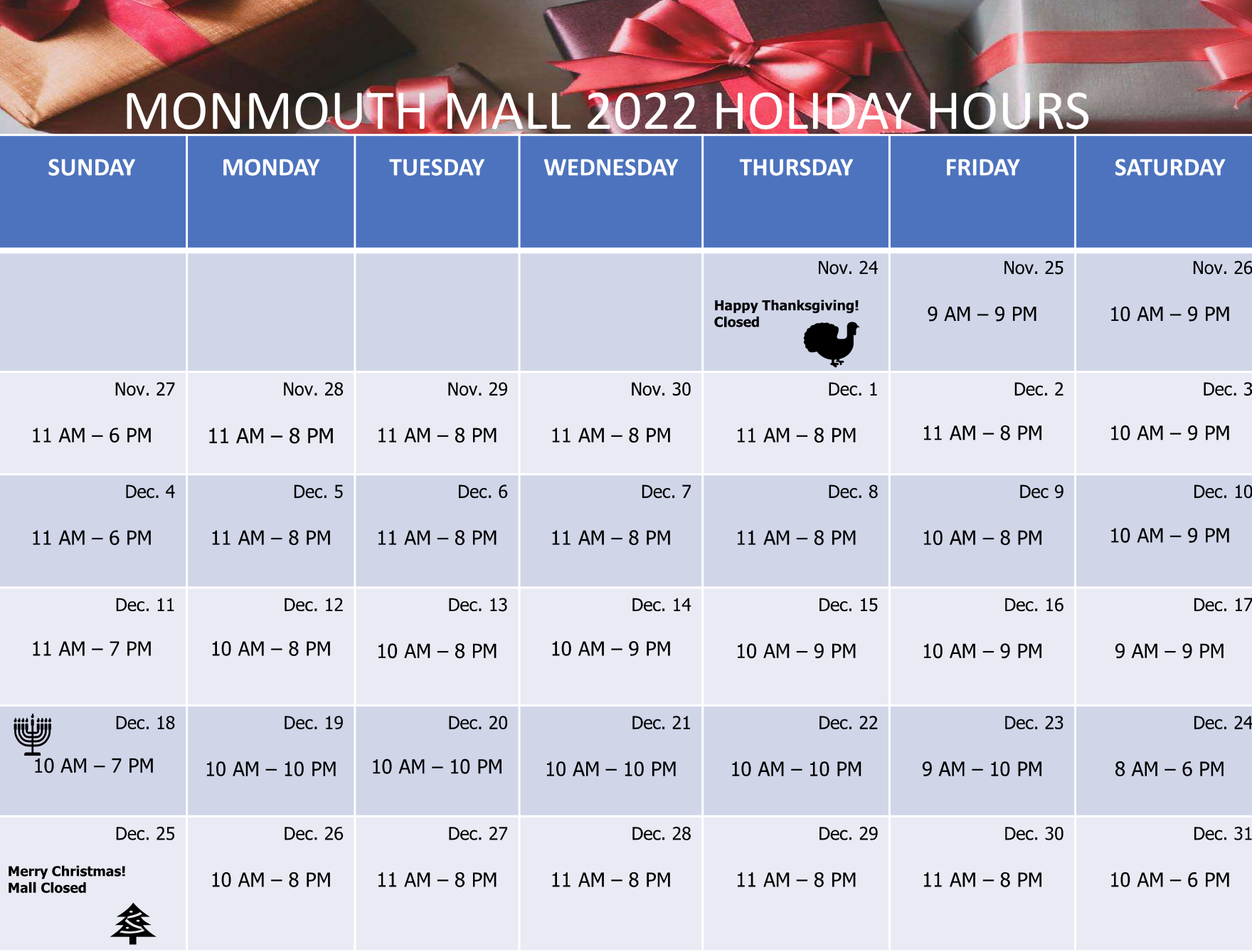 Holiday Hours Shopping Mall in Eatontown, NJ Monmouth Mall